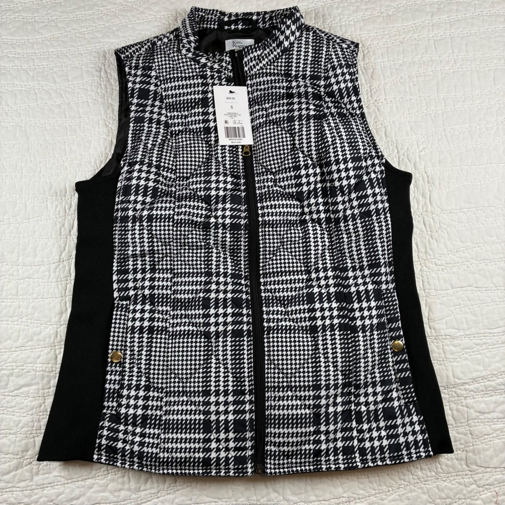 NWT Kim Rogers Quilted Vest Womens S Black White Houndstooth Plaid Zip Up Preppy